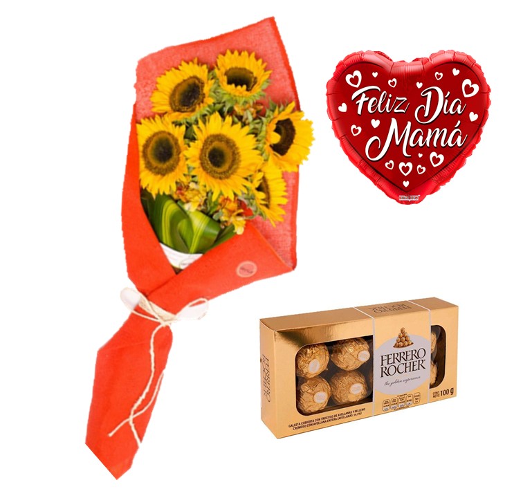 Ramo de 6 Girasoles, Bombones Ferrero Rocher 100grs y Globito